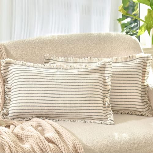 Image of ZWJD Throw Pillow Covers 12x20 Set of 2 Striped Pillow Covers with Fringe Chic Cotton Decorative Pillows Square Cushion Covers for Sofa Couch Bed Living Room Farmhouse Decor, (Gray)