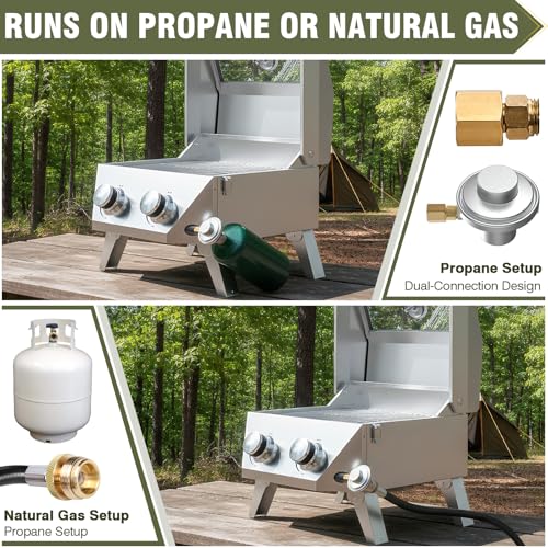 Image of BESTFIRE 2-in-1 Portable Propane Grill, 20,000 BTU 2-Burner Tabletop Gas Grill for Camping & RV, Stainless Steel BBQ with Viewing Glass Lid, Thermometer & Dual-Gas Connection