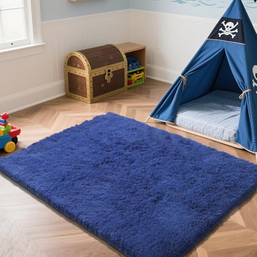 Blue 5x8 Area Rugs for Bedroom, Fluffy Shag Rug Bedroom Carpet Bedside Rug