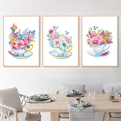 Bouquet floral en tasse illustration aquarelle pour salon et décoration murale rose