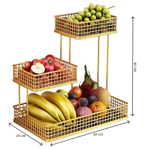 Image of 4 Tier Fruit Basket for Kitchen | Space Saving Decorative Kitchen Organizer | Multi-Layer Dining Table Organizer for Fruits, Snacks & Jars (3 Tier - Gold)