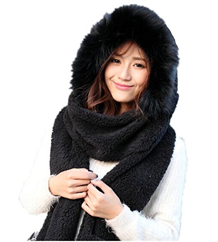 Winter Warm Women Siamese Hoodie Gloves Pocket Earflap Hat Long Scarf Shawl Wraps