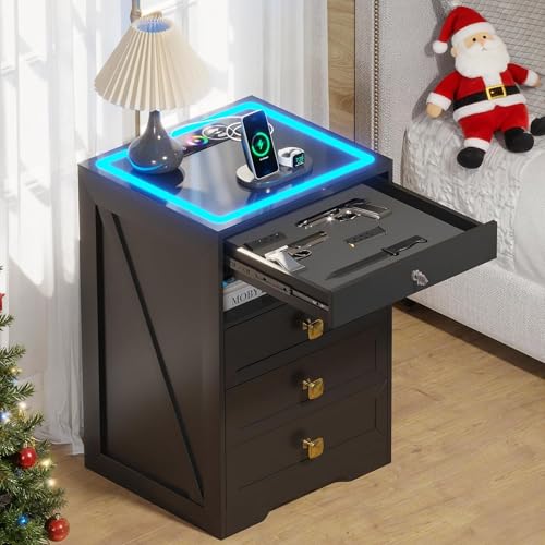Lvifur LED Nightstand with 3 Drawers, Glass Top Bedside Table with Wireless Charging Station, Modern Night Stand with Auto Sensor, Bedroom Smart End Table (Black)