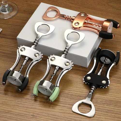 Image of KORCCI Wine Opener, Heavy-Duty Zinc Alloy Wing Corkscrew, Premium Beer Bottle Opener, Multifunctional Wine Accessories with Ergonomic Handle and Sharp Screw, for Kitchen, Bar, Restaurant (Rose Gold)