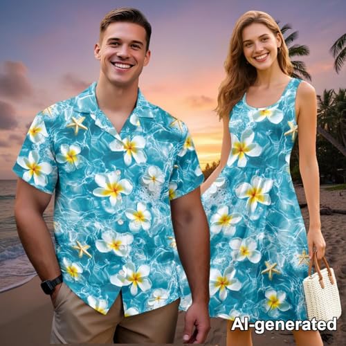 Image of Hawaii Matching Couple Outfits Husband and Wife Clothing Fashionable Mens Casual Shirts Hawaii Dress with Soft Fabric
