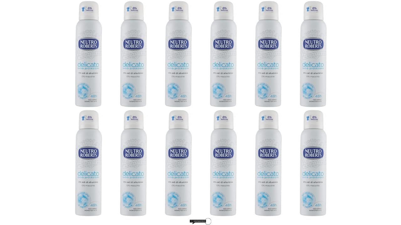 Neutro Roberts - 12 deodoranti spray Delicato extra protezione, 0% sali di alluminio, profumo di sapone, protezione 48h, 150 ml, + portachiavi Italy Shop Service