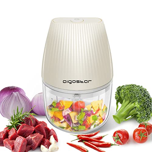 Aigostar Aimee - Picadora Eléctrica, 3 Cuchillas, Mini Picadora de Alimentos Recargable USB con Cepillo Suave y Rascado, 250ml, para verduras, frutas, ajo, hierbas y comida para bebé
