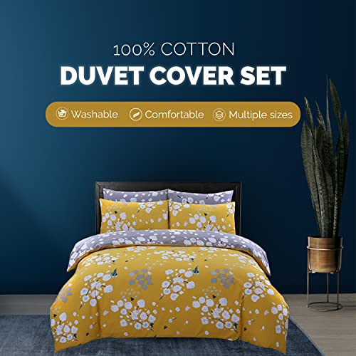 DTEX HOMES Double Duvet Set - 100% Pure Cotton Reversible Printed Hotel Quality Ultra Soft Bedding Set (Blossom Mustard) - Image 2