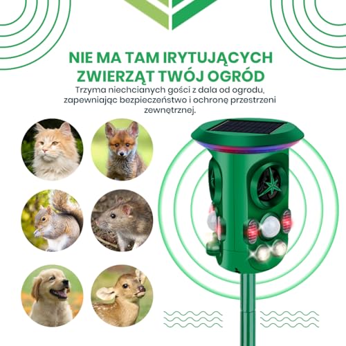 Odstraszacz kotów Fleau Garden PRO - Odstraszacz zwierząt - Ultradźwiękowy - Energia słoneczna - kun - gołębi - szkodników - Wodoodporny (Zielony — ochrona 360°)