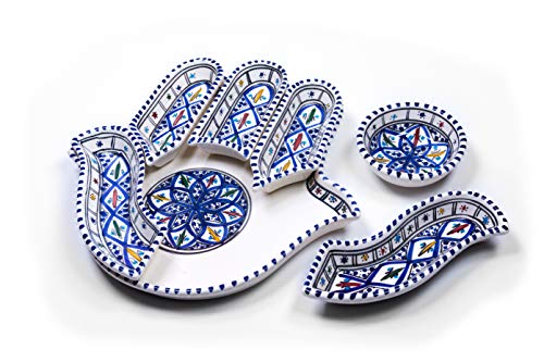 Kamsah 7 Piece Plate Set & Serving Platter, Custom Hand-Painted Ceramic Appetizer Tray Serving Dishes for Celebrations, Parties and Events (Large, Bohemian Blue)