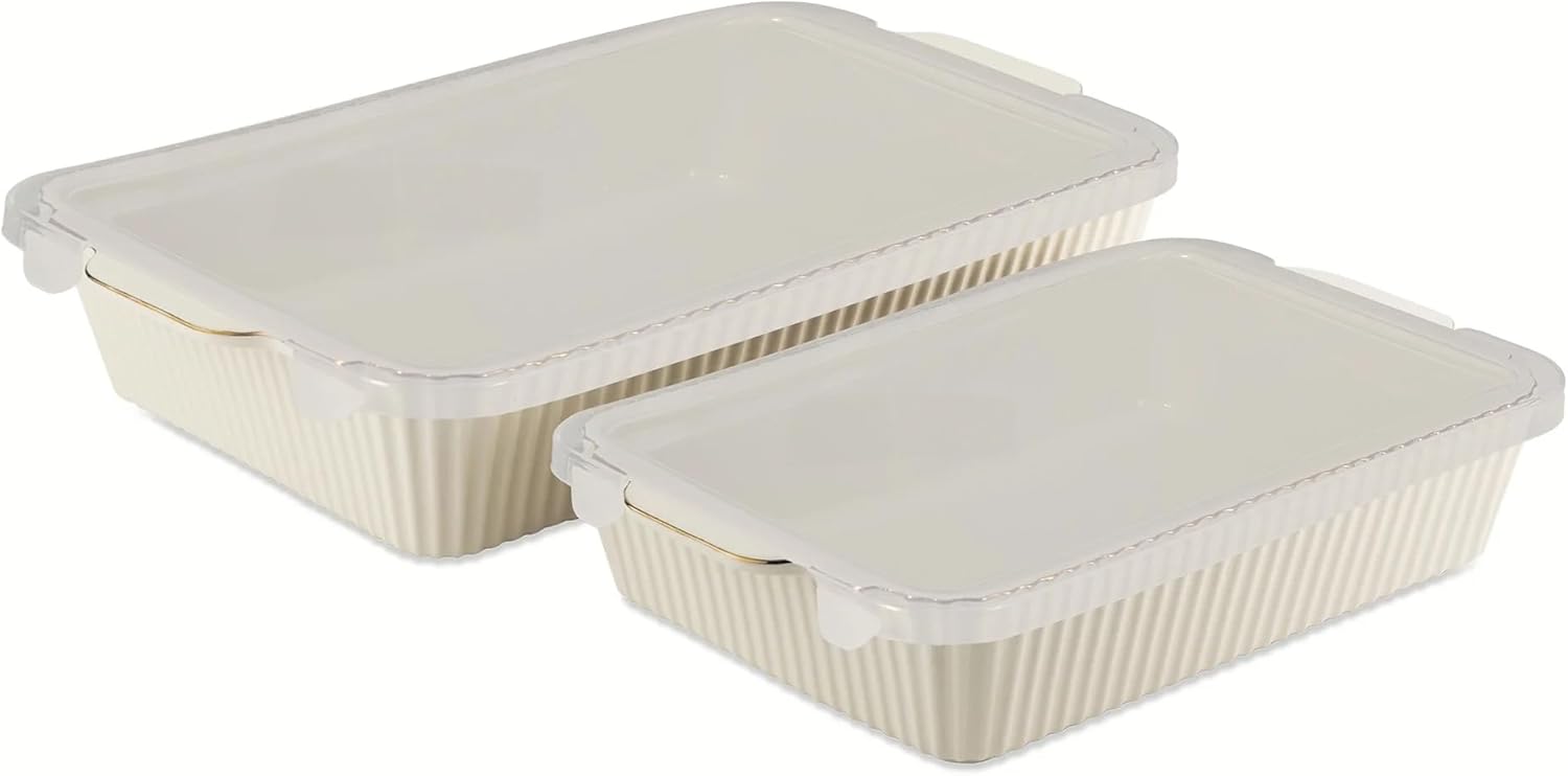 2-Piece Stoneware Casserole Dish Bakeware Set with Lids, White Ribbed – Includes 9"x13" and 7"x10" Baking Dishes with Covers, Oven to Table Serving, Lasagna Pan