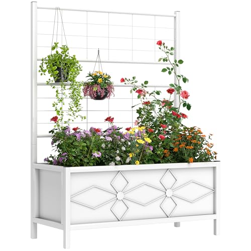 Outsunny Planter Box with Trellis, 35.4 x 15.7 x 47.2 inch Raised Garden Bed with Drainage Holes, Planters for Outdoor Plants, Vegetables, Flowers, Herbs, Trellis Planter, White