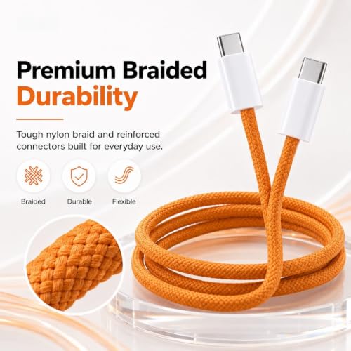 Image of Type C to C Cable 85W Fast Charging, Nylon Braided Cable with PD for iPhone 15 /16 /17, Samsung, OnePlus, Redmi, Pixel, MacBook, Smartphones, Tablets & Laptops, 480Mbps Data Sync Orange-AILKIN
