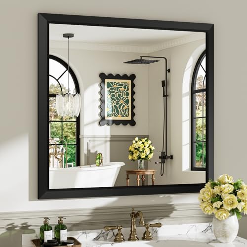 Image of 36x36 Inch Black Bathroom Mirror for Wall, Beveled Framed Rectangle Bathroom Vanity Mirrors for Over Sink, Bedroom, Living Room, Entryway, Anti-Rust, HD Tempered Glass, Horizontally /Vertically