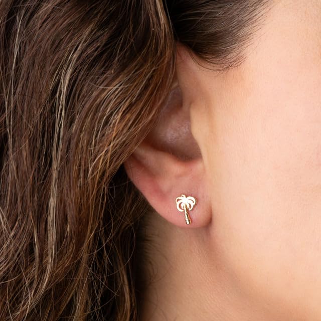 Palm Tree Beach Stud Earrings Real Solid 14K Yellow Gold2