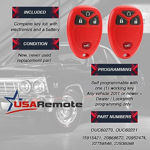 Image of Key Fob Keyless Entry Remote fits Chevy Silverado Traverse Equinox Avalanche /GMC Sierra /Pontiac Torrent /Saturn Outlook Vue 2007 2008 2009 2010 2011 2012 2013 2014 2015 2016 (Red), Set of 2