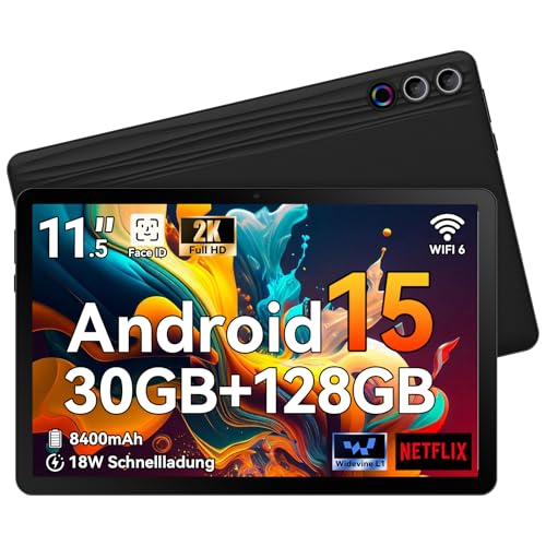 Ainmel Tablet 11,5 Zoll Android 15, 30GB RAM 1TB TF, 2K Android Tablet 2000 * 1200 FHD, 8400mAh, Widevine L1, 13MP Kamera, WiFi 6&BT 5.3, Face ID Tablet PC für Arbeit/Studium - Schwarz