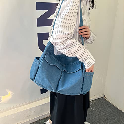 Image of LassZone Canvas Messenger Bag Large Crossbody Bag Hobo Shoulder Handbags Multi Pocket Denim Tote Bag for Women or Men
