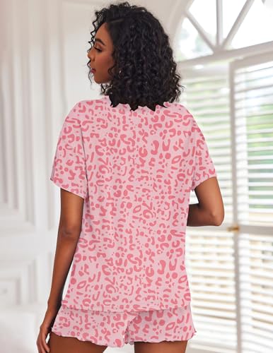 Image of Ekouaer Pajamas Set for Women Short Sleeve Lounge Set 2 Piece Loungewear PJs Soft Cute Lightweight Sleepwear