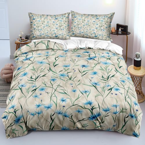 Housse de couette 200x200 fleurs bleues chic | Parure de lit jardin 3 pièces
