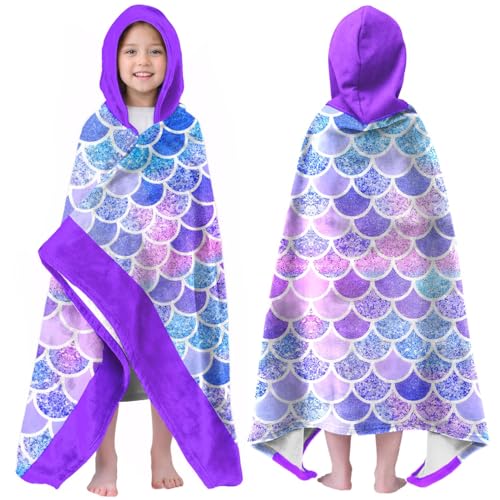 Image of Mermaid Girls Beach Towel with Hoodie for Kids Toddlers Age 4-8, Pink Blue Bath Towels Shower Wrap for Girls, Hooded Poncho Beach Blanket for Pool Swimming Cute Wearable Bath Towel for Child