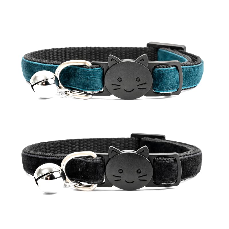 Velvet Cat Collars with Bell. Safe Quick Release Breakaway Buckle | Zacal Cat Collars (Emerald Green & Black, Pack of 2)