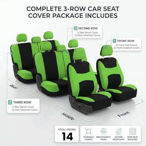 Image of FH Group Universal Automotive Seat Covers 8 Seater Set | Light & Breezy Flat Cloth Washable Car Seat Cover for SUV, Sedan, Truck | Airbag Compatible Interior Upgrade - Green /Black