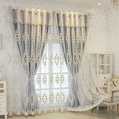 Amidoudou 1 Pair European Double Layer Curtains with Valance for Living Room Bedroom 3D Flower Embroidered Curtains (Grey,51x90 Inch) — view 2