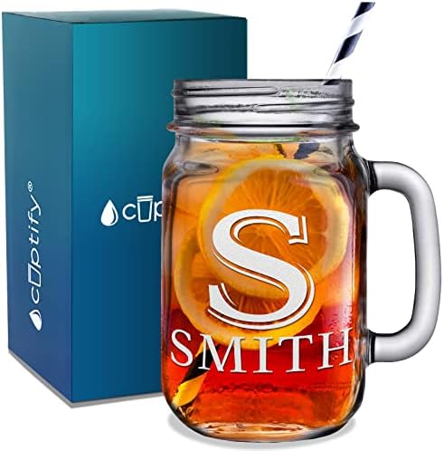 Personalized Drinking Glasses Initial and Name Etched 16 oz Mason Jar with Handle Customized Mug Birthday Gift for Women,Men, Mom, Dad