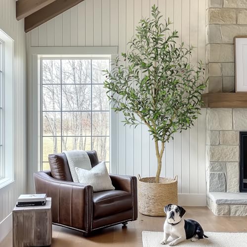 GarveeHome Olive Trees Artificial Indoor, 7ft Tall Faux Silk Plant - Fake Potted Tree with White Planter, Artificial Plants with Natural Wood Trunk and Lifelike Fruits for Home Office Decor, 2 Pack