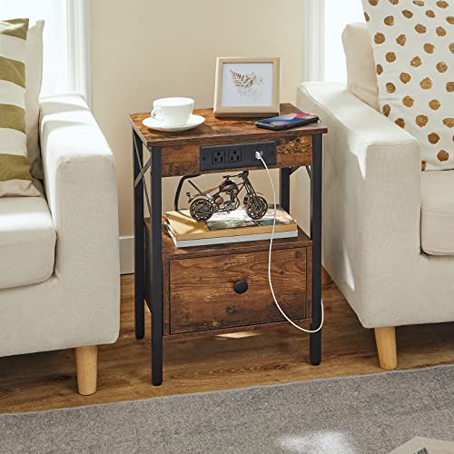 Hoobro Nightstands Set Of 2 With Charging Station, End Table With Drawer, Usb Ports And Power Outlets, Farmhouse Nightstand Sofa Table For Bedroom, Space Saving, Rustic Brown And Black Bf128Ubzp201G1 #TOP7