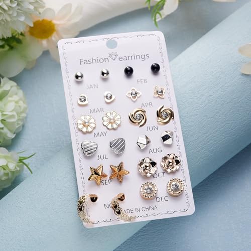 Image of 12 Pairs Trendy Stud Earrings Set with Crystal and Pearl, Heart, Flower, Star and Geometric Styles
