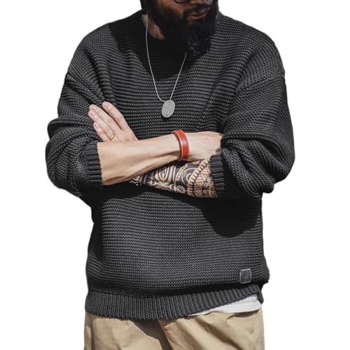 Men's Knit Sweater Heavyweight Crewneck Loose Fit Drop Shoulder Solid Textured Knitted Pullover