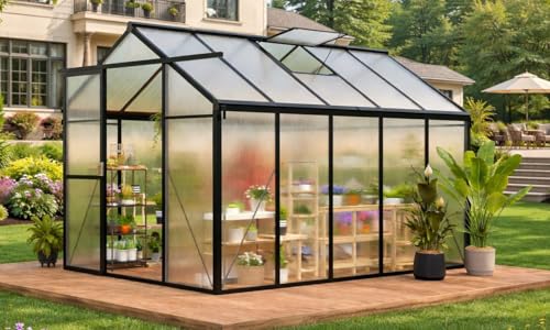 Greenhouse, 6x10 FT Greenhouse for Outdoors, Walk-in Green House with Ground Nails and Vent Windows, Sliding Lockable Door, Polycarbonate Greenhouses for Outside Garden Backyard, Quick Setup, Black by GarveeLife - Used condition - US$294.96