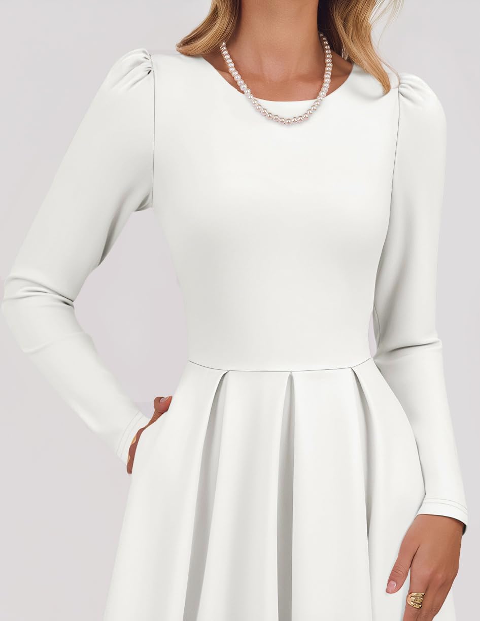 ZESICA Women's Long Sleeve Midi Dresses 2026 Spring Elegant Crewneck Swing A Line Wedding Guest Party Dress with Pockets - Image 4