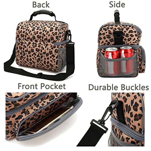 Flowfly Double Layer Cooler Insulated Lunch Bag Adult Lunch Box Large Tote Bag For Men, Women, With Adjustable Strap,Front Pocket And Dual Large Mesh Side Pockets,Leopard #TOP5