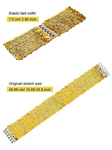 3 Pieces Sequin Belt for 70s 80s Costume Party, Disco Party Costume Wide Waist Elastic Cinch Belt Cheerleader Stretchy for Women Girl Metal Buckle Glitte (Gold Silver Black)2