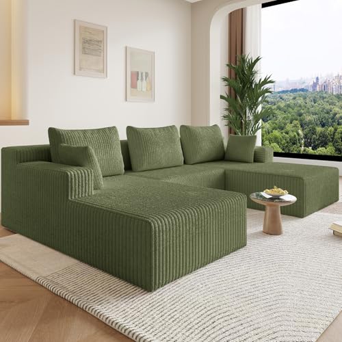 Image of 107 inch W Boneless Cloud Sectional Couch Modular Sofa with Ottoman | Modern U-Shaped Couches, Comfy Corduroy Memory Foam Sofas with Oversized Chaise for Living Room (Green)