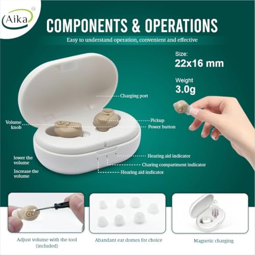 Image of Aika AG-7901 Mini Rechargeable CIC Digital Hearing Aid Sound Amplifier Machine for Old age with Auto Noise Cancellation, Clear Sound and Dry Kit (For Both Ear, Beige)