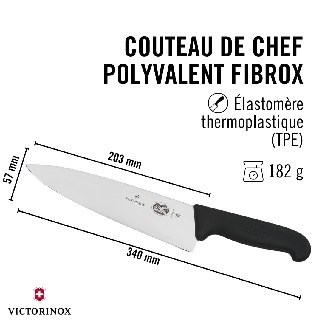 Victorinox Fibrox Couteau de chef, Large couteau universel pour viande, poisson, légumes et herbes, 20 cm, Lame lisse, Tranchant, Inox, Noir