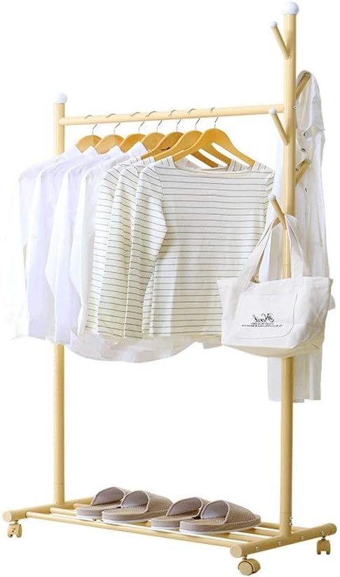 Generico Coat Hanger, Multifunctional Coat Rack, Floor Stand, Single Rod, Carbon Steel, White and Yellow, Universal 360° Wheel, Bedroom, Hanging Rail