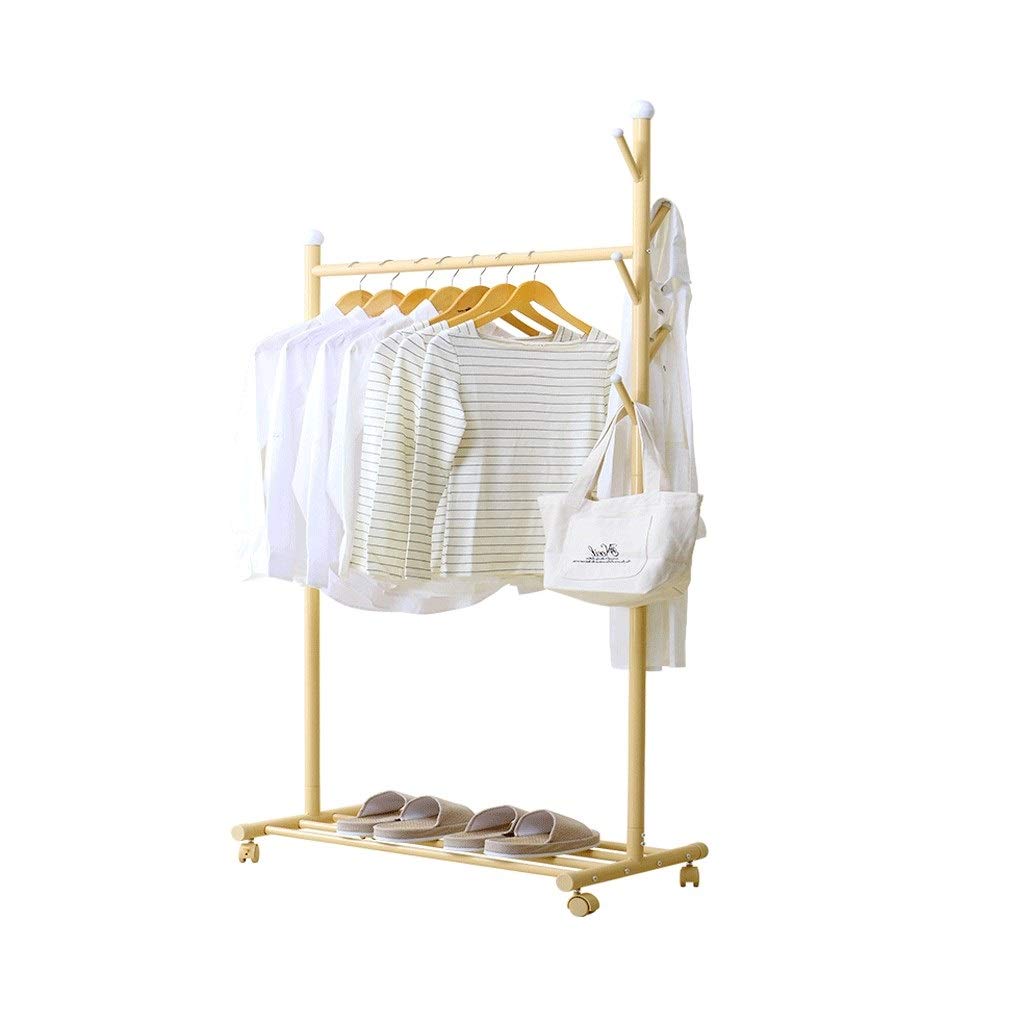 Generico Coat Hanger, Multifunctional Coat Rack, Floor Stand, Single Rod, Carbon Steel, White and Yellow, Universal 360° Wheel, Bedroom, Hanging Rail