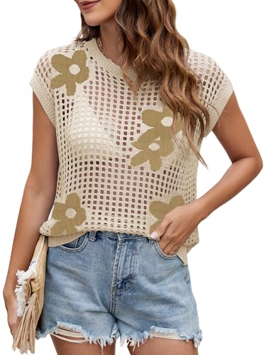 Image of Womens Summer Crochet Tops Hollow Out Cap Sleeve Cover Up Tank Top Pullover Sweater Vest Beach Vacation Clothes