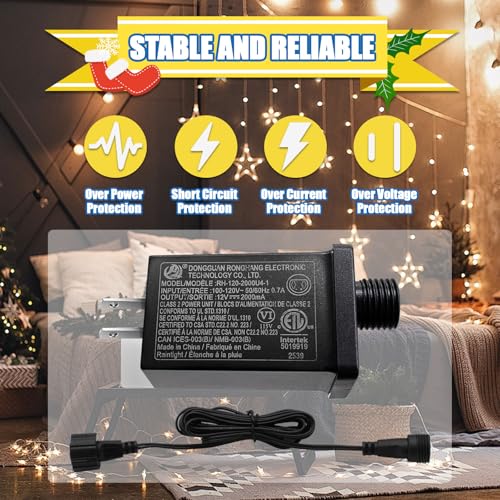 Image of 12V 2A LED Controller with Extension Cord, 24W Class 2 Power Supply Ip44 Low Voltage Transformer ,Replacement Model RH-120V2000U4-1 for Christmas String Light Inflatable Decorations (12V 2A 1PCS)