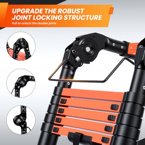 Image of Telescoping Ladder 12.5 FT A Frame, Extension Multi-Purpose with Balance Bar Heavy Duty 330 lbs Max Capacity for Home and Outdoor Work, Orange