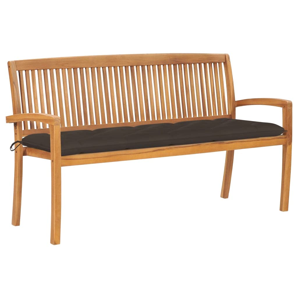 Banco de jardín apilable de 159 cm de madera maciza de teca con soporte de color gris topo, resistente a la intemperie, para terraza, patio, jardín