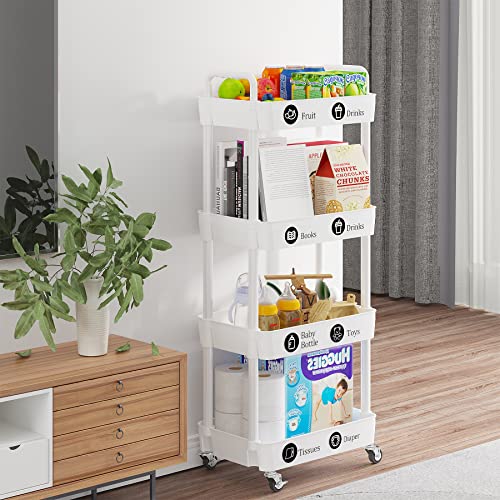 Laiensia 4-Tier Storage Cart,Multifunction Utility Rolling Cart Kitchen Storage Organizer,Mobile Shelving Unit Cart With Lockable Wheels For Bathroom,Laundry,Living Room,With Classified Stickers,White #TOP5