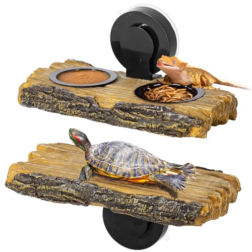 2 in 1 Reptile Feeding Ledge & Turtle Basking Platform Resin Suction Cup Feeder with 4PCS Cups Terrarium Water Bowl Food Dish - Tank Accessories for Crested Gecko Lizards & Aquatic Turtles product thumbnail 2