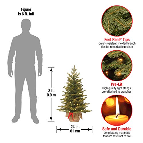 National Tree Company Pre-Lit 'Feel Real' Artificial Mini Christmas Tree, Green, Nordic Spruce, White Lights, Includes Burlap Bag Base, 3 Feet #TOP2