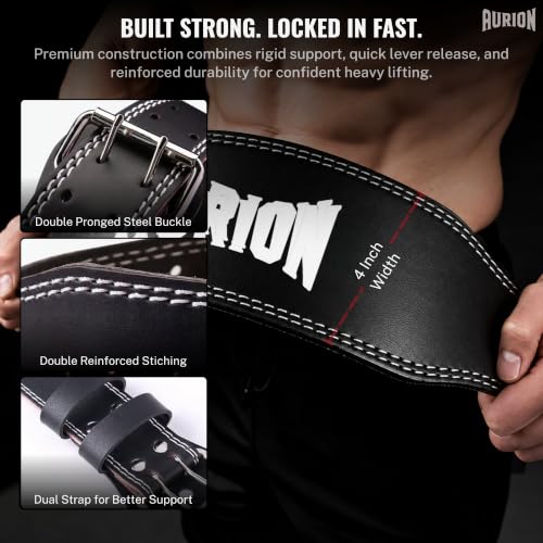 Image of Aurion Gym Belt for Weight Lifting Super Black with Adjustable Double Pronged Buckle for Men and Women Deadlift Belt with Lower Back Support & 4mm EVA Padding for Optimal Back and Core Support (L /XL)